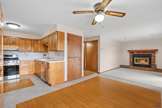 kitchen with ceiling fan, stainless steel appliances, a fireplace, and sink