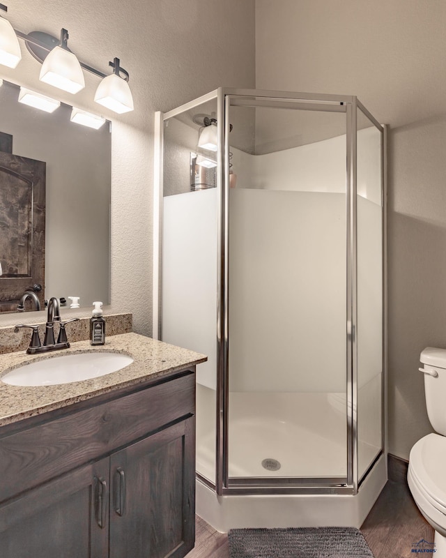 23232 Clear Creek Rd, Rapid City, SD 57702 - bathroom featuring walk in shower, vanity, toilet, and wood-type flooring