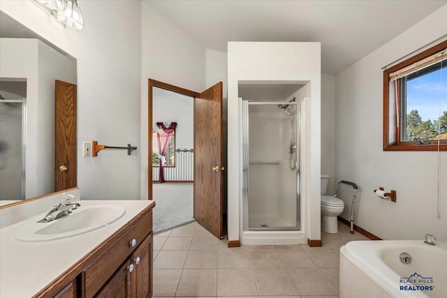 full bathroom with vanity, separate shower and tub, tile patterned floors, and toilet