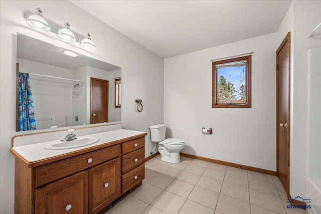 bathroom with a shower with shower curtain, vanity, toilet, and tile patterned flooring