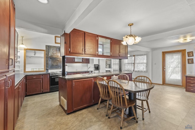 318 4th Ave, Wall, SD 57790 - kitchen featuring pendant lighting, sink, vaulted ceiling with beams, range, and kitchen peninsula