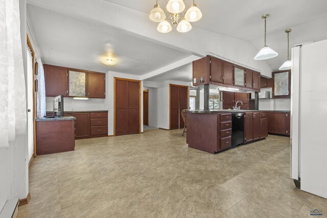 318 4th Ave, Wall, SD 57790 - kitchen with lofted ceiling, black dishwasher, white refrigerator, hanging light fixtures, and a center island