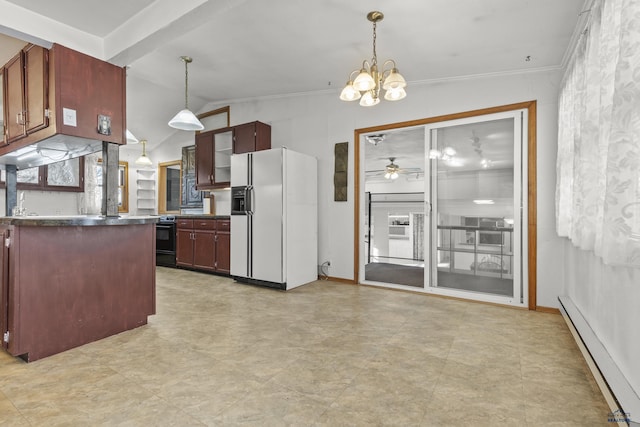 318 4th Ave, Wall, SD 57790 - kitchen with vaulted ceiling, ceiling fan with notable chandelier, decorative light fixtures, white refrigerator with ice dispenser, and a baseboard heating unit