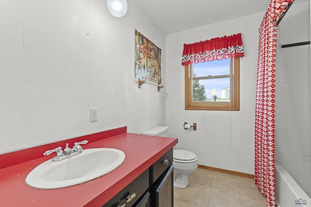 318 4th Ave, Wall, SD 57790 - full bathroom with vanity, tile patterned flooring, toilet, and shower / bathtub combination with curtain