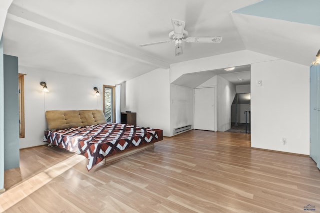 318 4th Ave, Wall, SD 57790 - bedroom with a baseboard radiator, vaulted ceiling with beams, ceiling fan, and light hardwood / wood-style flooring