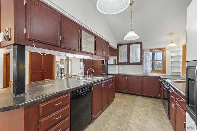 318 4th Ave, Wall, SD 57790 - kitchen with lofted ceiling, decorative light fixtures, sink, and black appliances