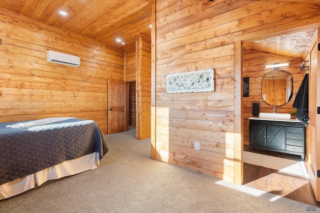 bedroom with wooden walls, a wall unit AC, and wooden ceiling