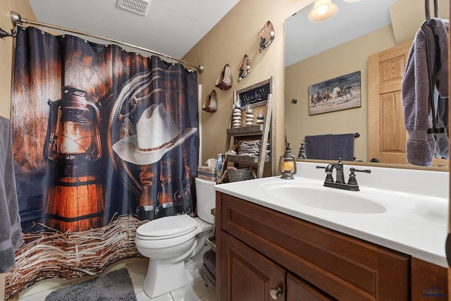 369 Deegan Dr, Hill City, SD 57745 - bathroom featuring vanity, curtained shower, tile patterned floors, and toilet