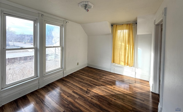 additional living space with vaulted ceiling and dark hardwood / wood-style floors