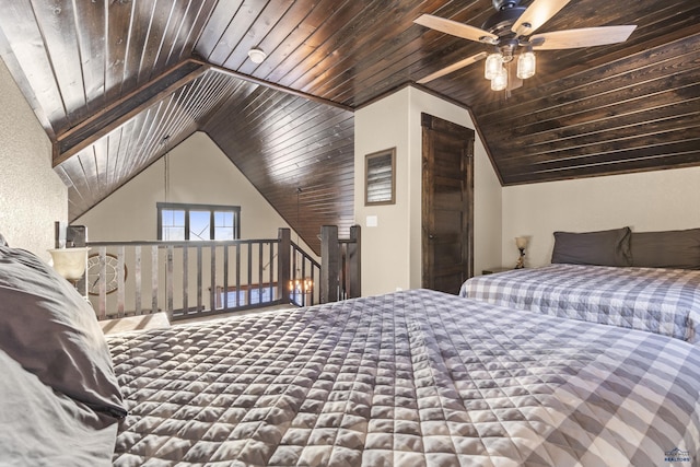 bedroom with lofted ceiling and wood ceiling