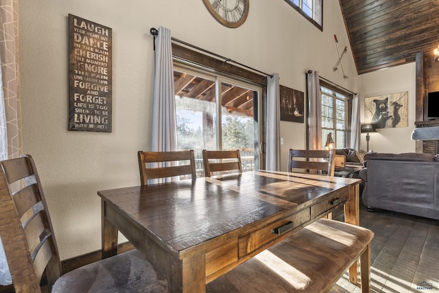 dining room featuring a fireplace and high vaulted ceiling