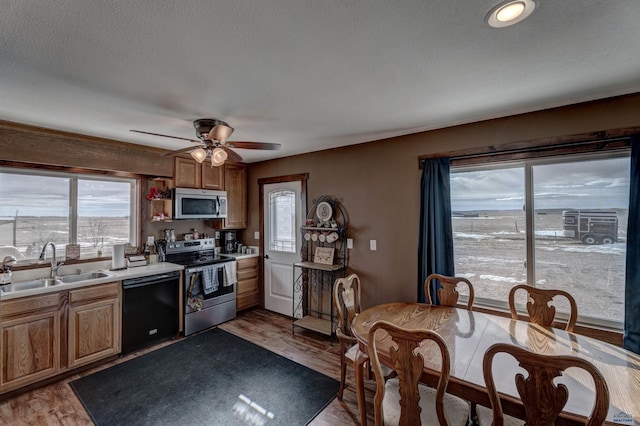 kitchen with sink, stainless steel appliances, ceiling fan, and light wood-type flooring