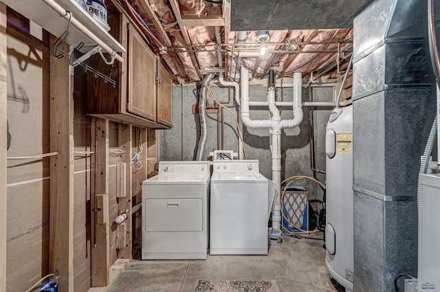 laundry area featuring water heater, heating unit, and washing machine and clothes dryer