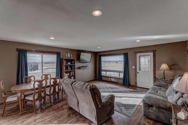 living room featuring light hardwood / wood-style floors and a textured ceiling