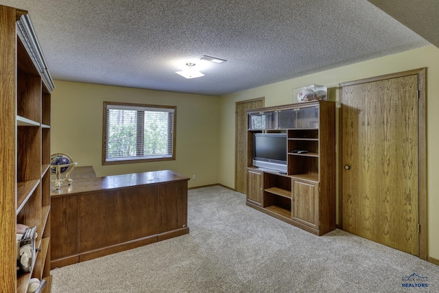 unfurnished office featuring light carpet and a textured ceiling