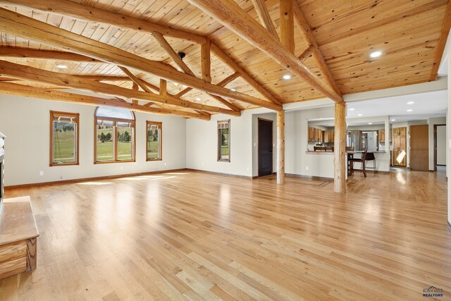 unfurnished living room featuring beam ceiling, wood ceiling, and light wood-type flooring