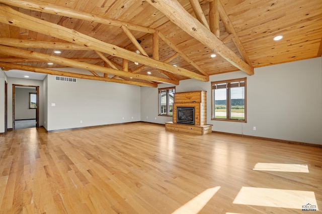 unfurnished living room with light hardwood / wood-style flooring, wooden ceiling, and beamed ceiling