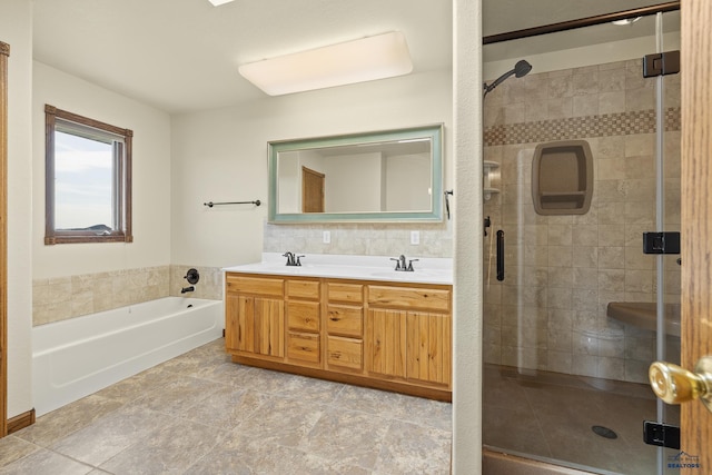 bathroom with plus walk in shower and vanity