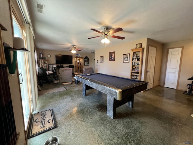 recreation room featuring ceiling fan and billiards