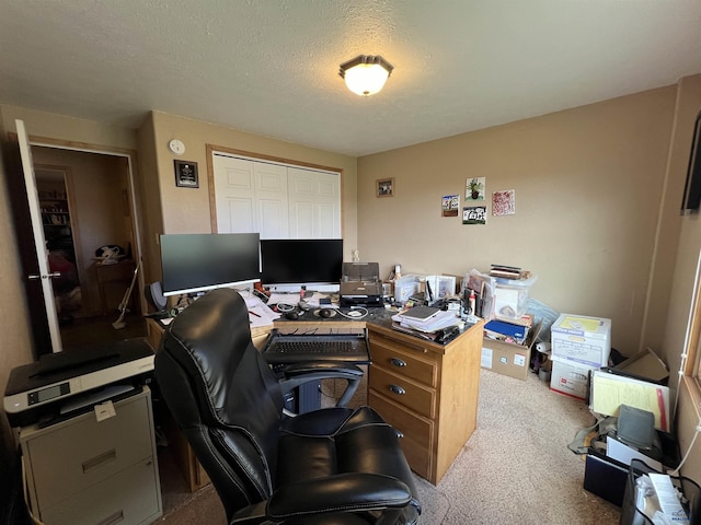 carpeted home office with a textured ceiling