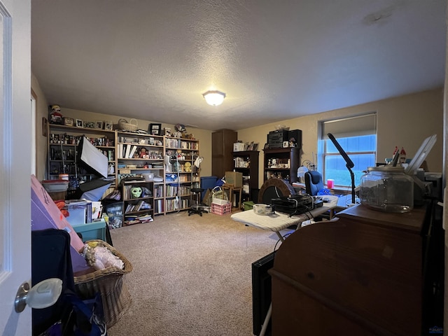 carpeted home office with a textured ceiling