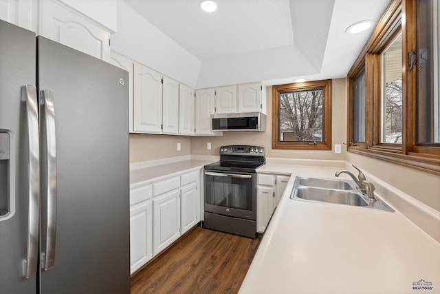 kitchen with appliances with stainless steel finishes, sink, white cabinets, dark hardwood / wood-style flooring, and a raised ceiling