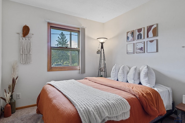 carpeted bedroom with a textured ceiling