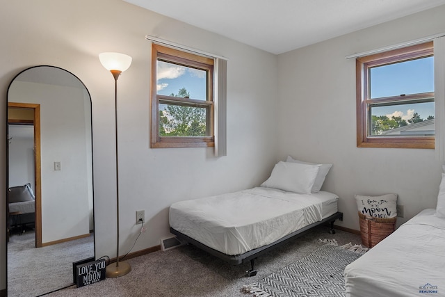 bedroom with multiple windows and carpet floors