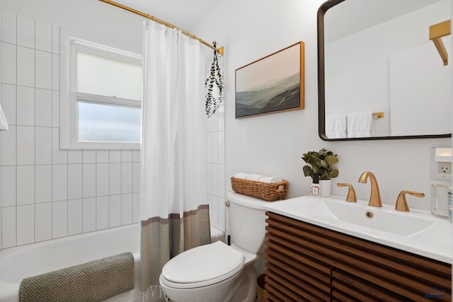 full bathroom with shower / bathtub combination with curtain, vanity, and toilet