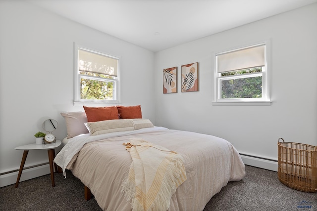 bedroom featuring dark colored carpet and baseboard heating