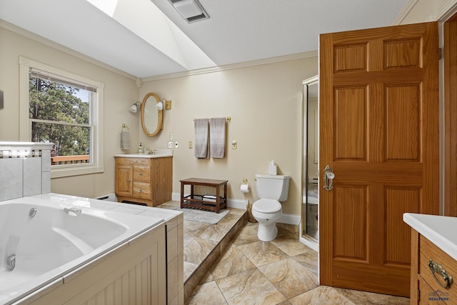 full bathroom featuring vanity, plus walk in shower, crown molding, and toilet