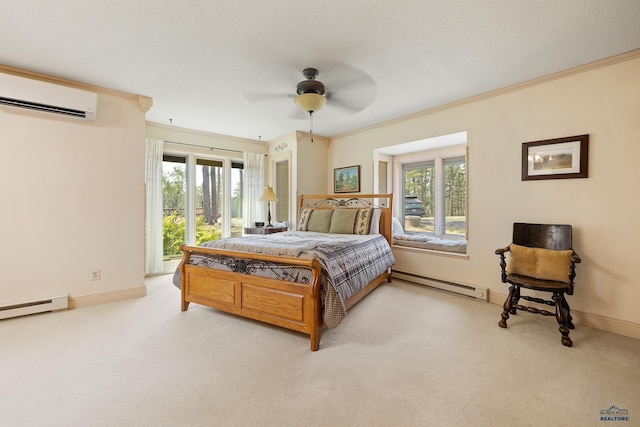 carpeted bedroom with multiple windows, ornamental molding, access to outside, and baseboard heating