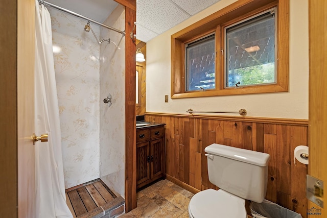 bathroom featuring vanity, walk in shower, wooden walls, and toilet