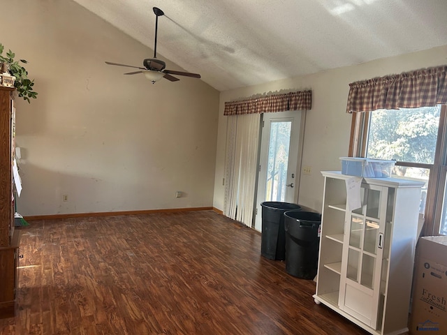 interior space featuring vaulted ceiling, dark hardwood / wood-style floors, ceiling fan, and a textured ceiling