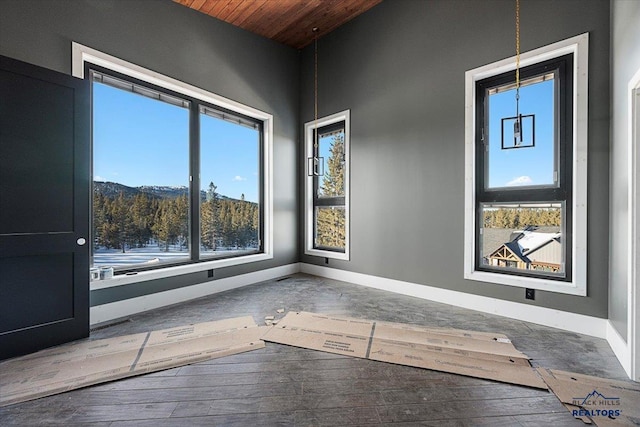 empty room featuring wood ceiling and a mountain view