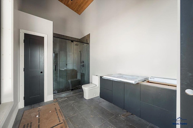 bathroom featuring walk in shower, wooden ceiling, high vaulted ceiling, and toilet