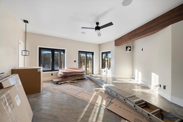 interior space featuring hardwood / wood-style flooring, ceiling fan, and french doors