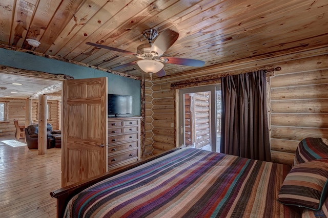 bedroom featuring rustic walls, ceiling fan, wooden ceiling, and light wood-type flooring