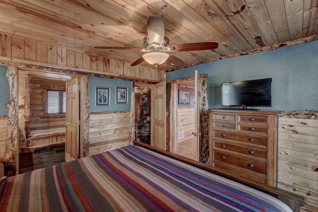 unfurnished bedroom with wooden ceiling, ceiling fan, and wood walls