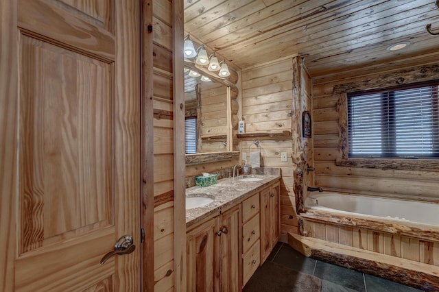 bathroom featuring vanity, a tub, rustic walls, and wooden ceiling