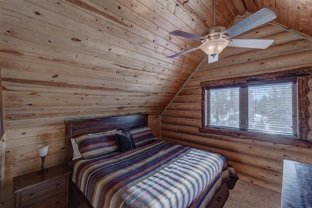 bedroom featuring ceiling fan, lofted ceiling, log walls, and wood ceiling