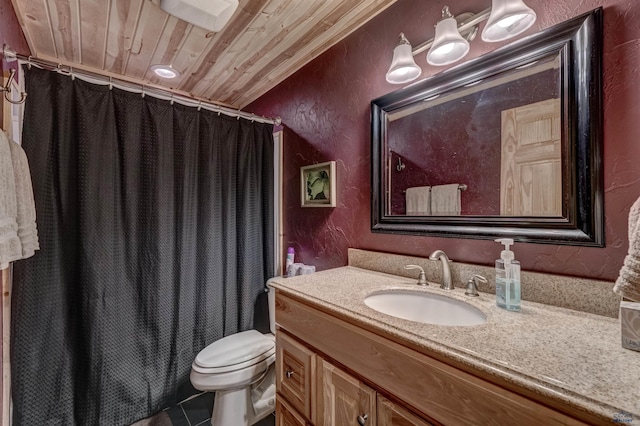 bathroom featuring wood ceiling, tile patterned floors, vanity, and toilet