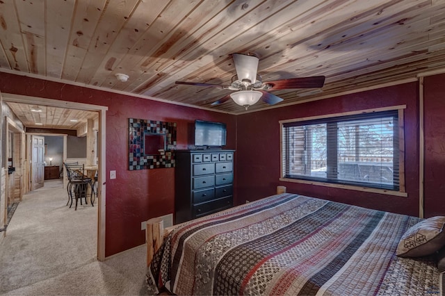 bedroom with light colored carpet, wooden ceiling, and ceiling fan