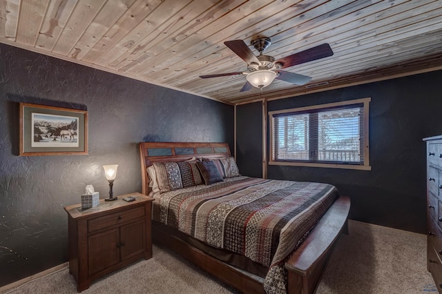 carpeted bedroom featuring wood ceiling and ceiling fan