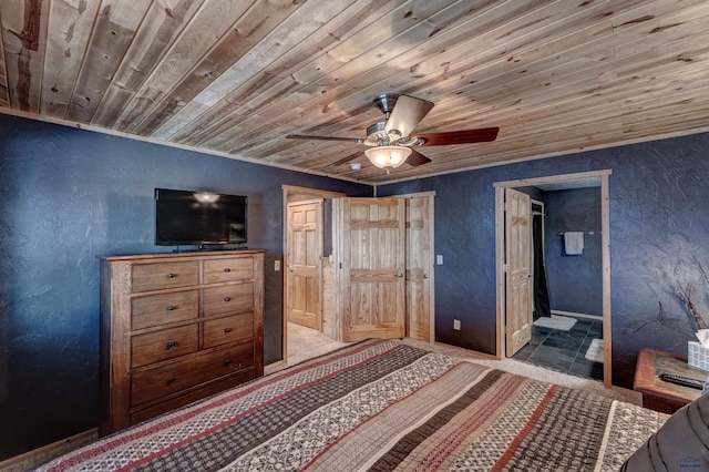 bedroom featuring ceiling fan and wood ceiling