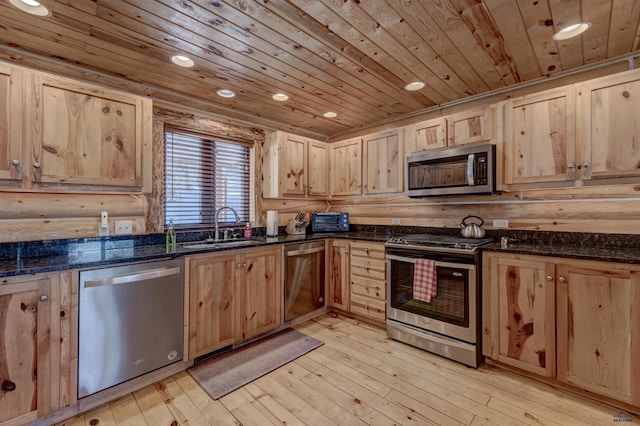 kitchen with sink, stainless steel appliances, wooden ceiling, dark stone counters, and light wood-type flooring