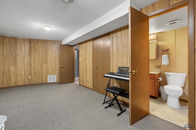 interior space featuring wooden walls, light colored carpet, and a textured ceiling