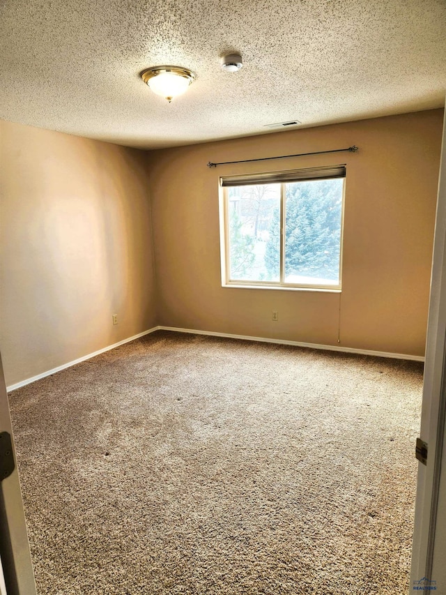 spare room featuring carpet flooring and a textured ceiling