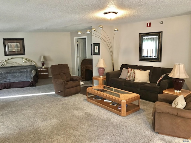 living room with carpet floors and a textured ceiling