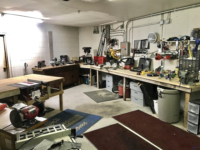 miscellaneous room featuring electric panel and a workshop area